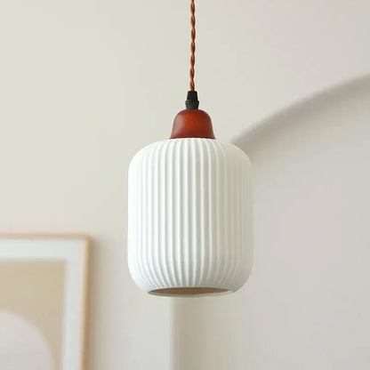Ribbed cream glass pendant light with wood top for dining room