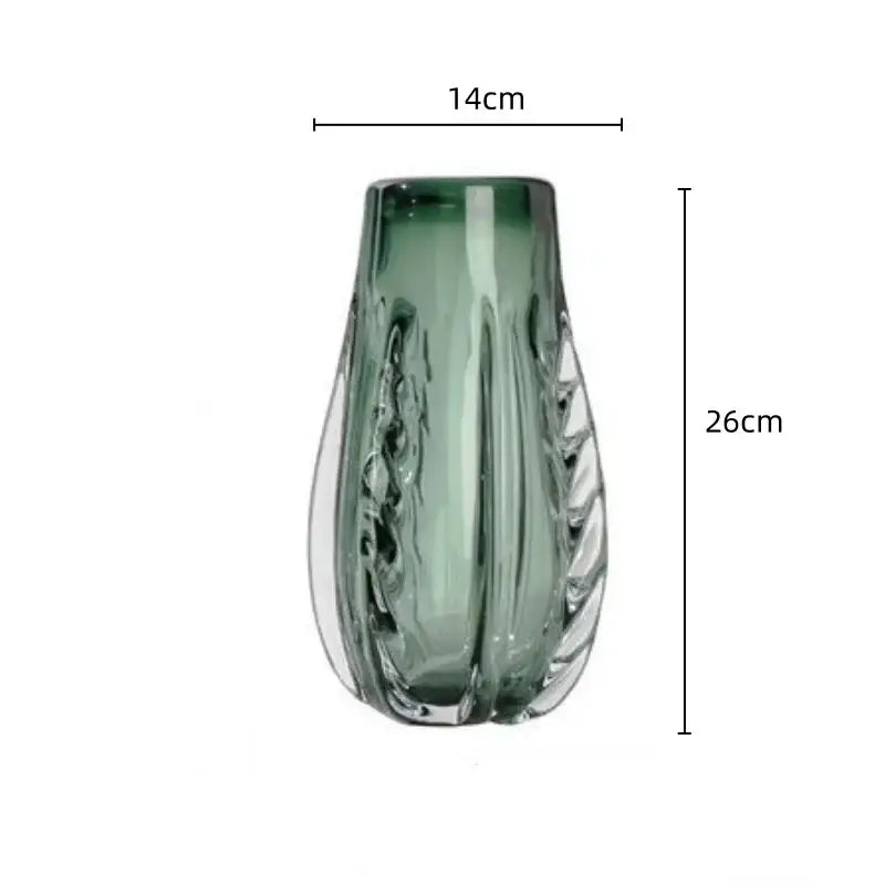 Ribbed emerald & clear crystal vase living room decor