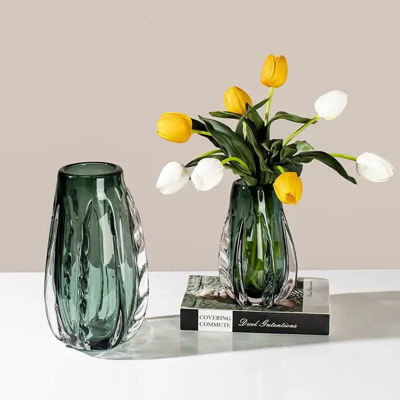 Ribbed emerald & clear crystal vase living room decor
