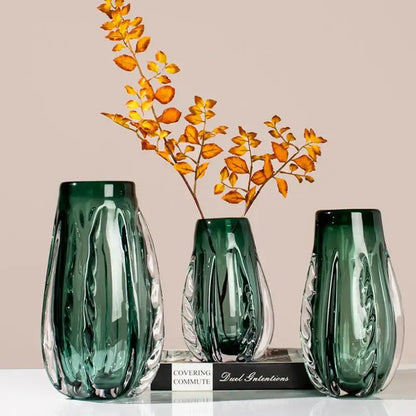Ribbed emerald & clear crystal vase living room decor