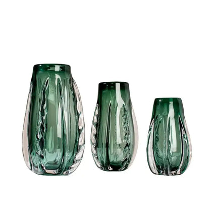 Ribbed emerald & clear crystal vase living room decor