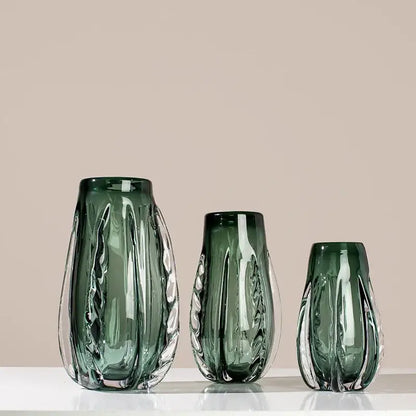 Ribbed emerald & clear crystal vase living room decor