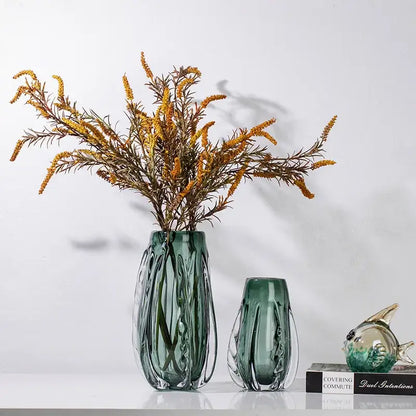 Ribbed emerald & clear crystal vase living room decor