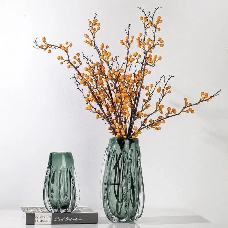 Ribbed emerald & clear crystal vase living room decor