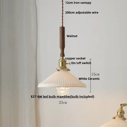Ribbed glass and walnut ceramic led pendant lamp dining room
