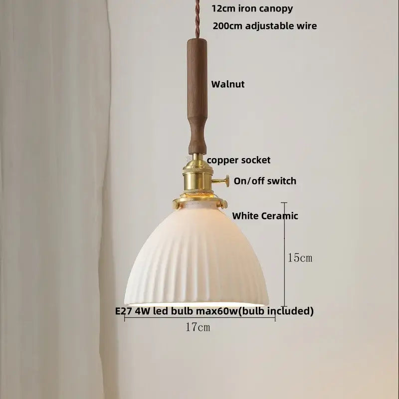 Ribbed glass and walnut ceramic led pendant lamp dining room