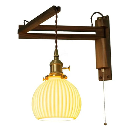 Ribbed glass and walnut wall sconce bedroom led light