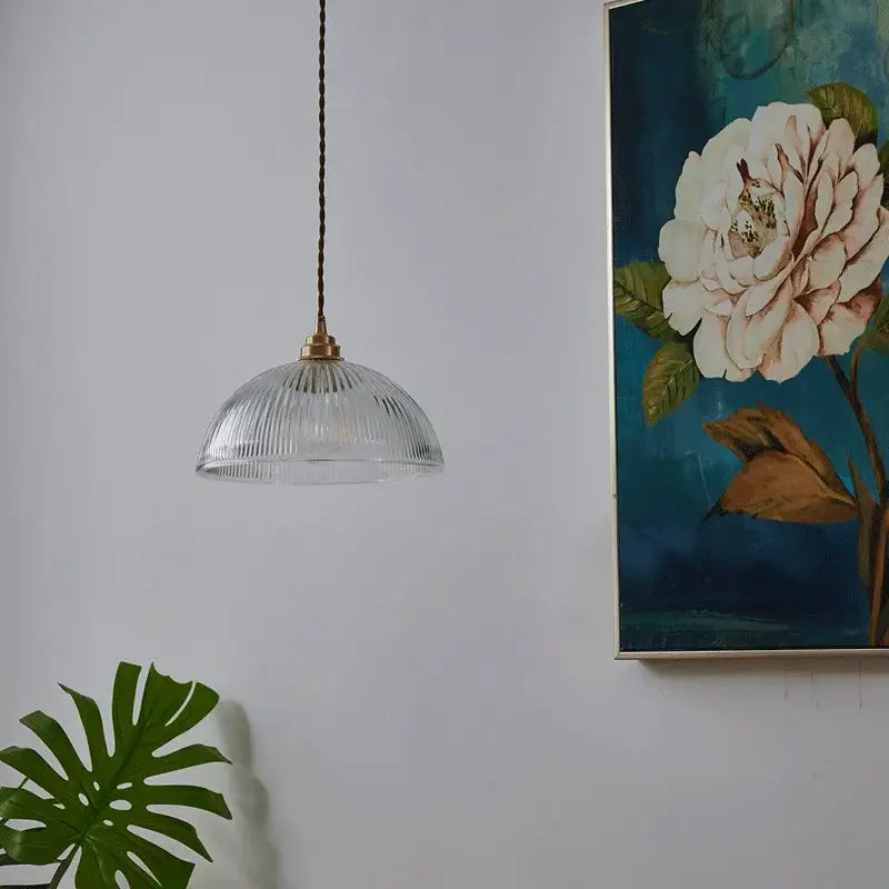 Ribbed glass chandelier pendant lights with brass finish for bedroom