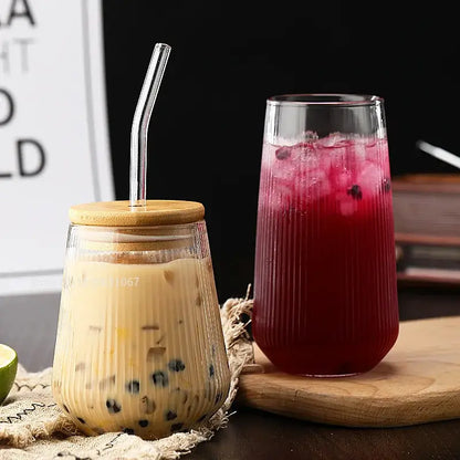 Ribbed glass cup set with bamboo lid and straw for kitchen dining