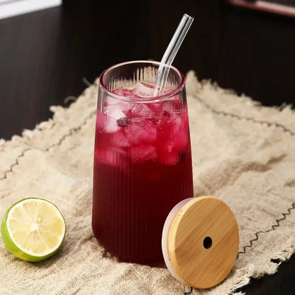 Ribbed glass cup set with bamboo lid and straw for kitchen dining