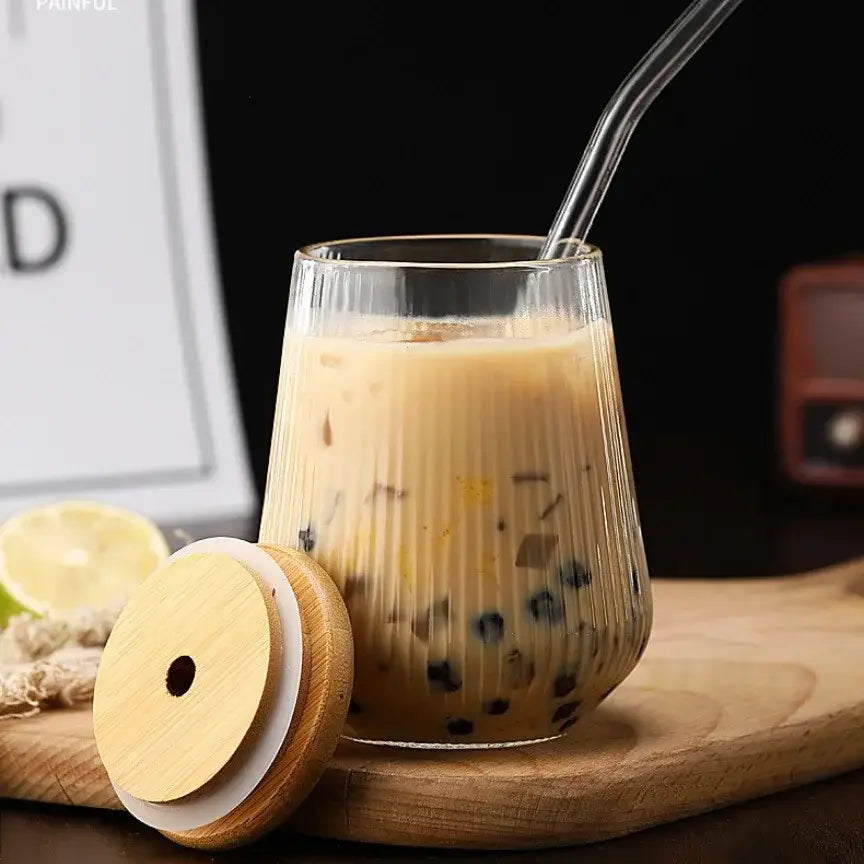 Ribbed glass cup set with bamboo lid and straw for kitchen dining