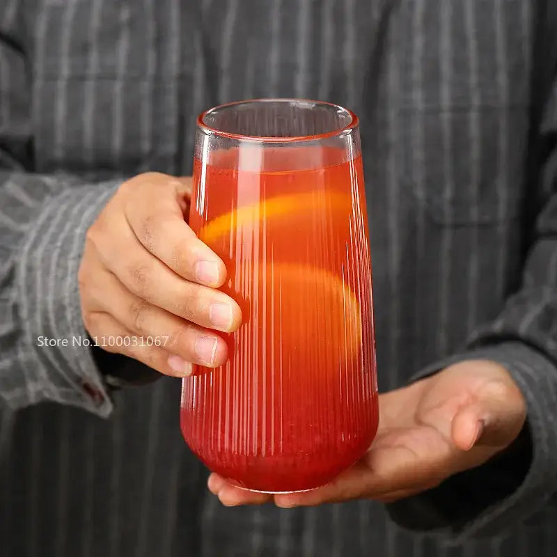 Ribbed glass cup set with bamboo lid and straw for kitchen dining