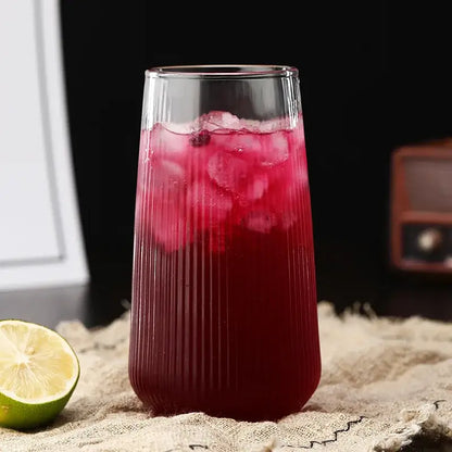 Ribbed glass cup set with bamboo lid and straw for kitchen dining