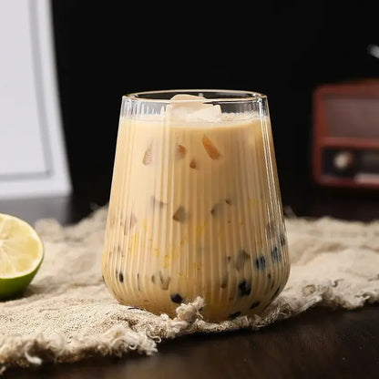 Ribbed glass cup set with bamboo lid and straw for kitchen dining