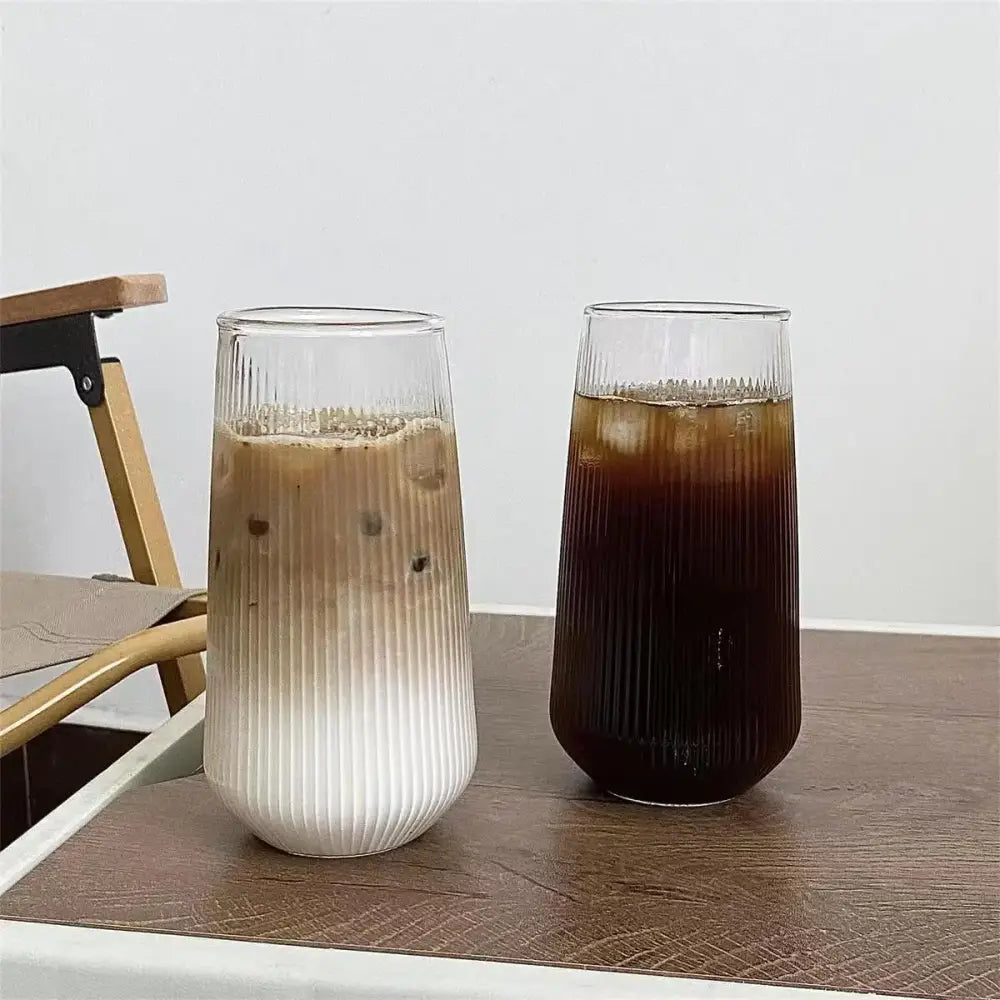 Ribbed glass cup set with bamboo lid and straw for kitchen dining
