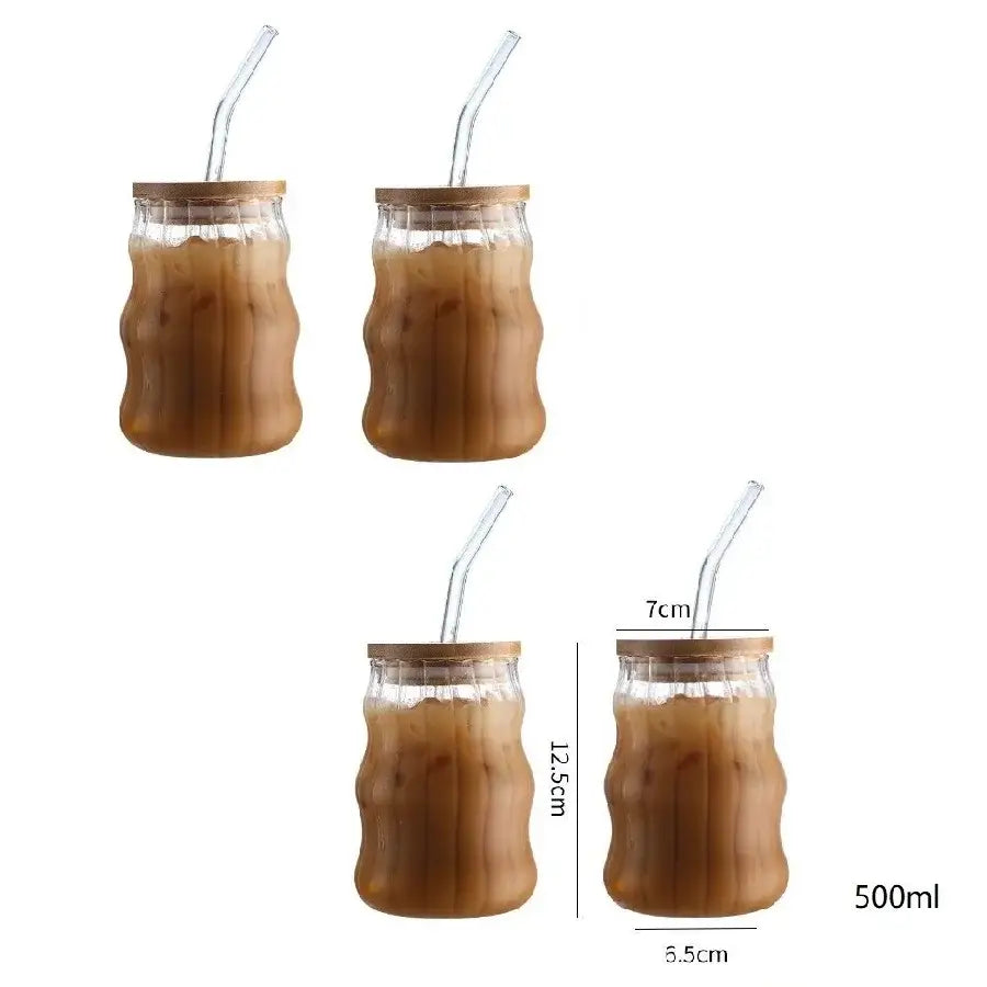 Ribbed glass cup set with bamboo lids and straws for dining room