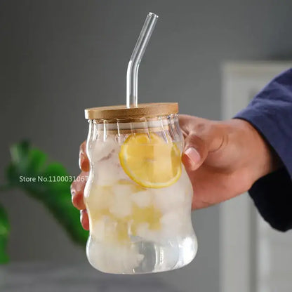 Ribbed glass cup set with bamboo lids and straws for dining room