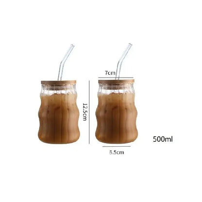 Ribbed glass cup set with bamboo lids and straws for dining room