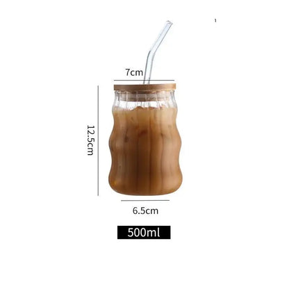 Ribbed glass cup set with bamboo lids and straws for dining room