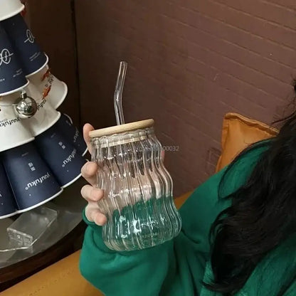 Ribbed glass cup with bamboo lid and straw kitchen tumbler
