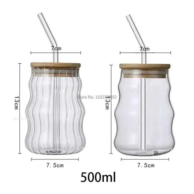 Ribbed glass cup with bamboo lid and straw kitchen tumbler