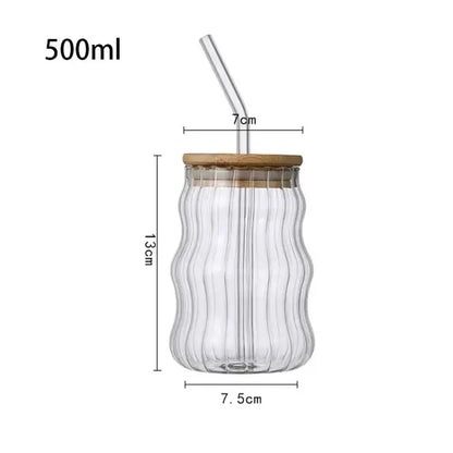 Ribbed glass cup with bamboo lid and straw kitchen tumbler