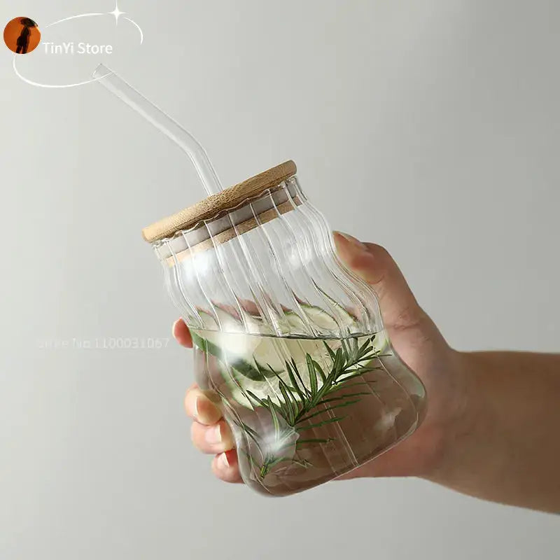 Ribbed glass cup with bamboo lid and straw kitchen tumbler