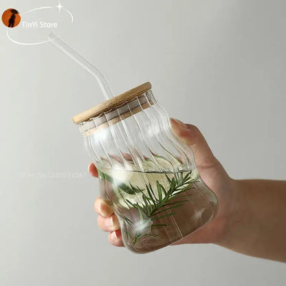 Ribbed glass cup with bamboo lid and straw kitchen tumbler