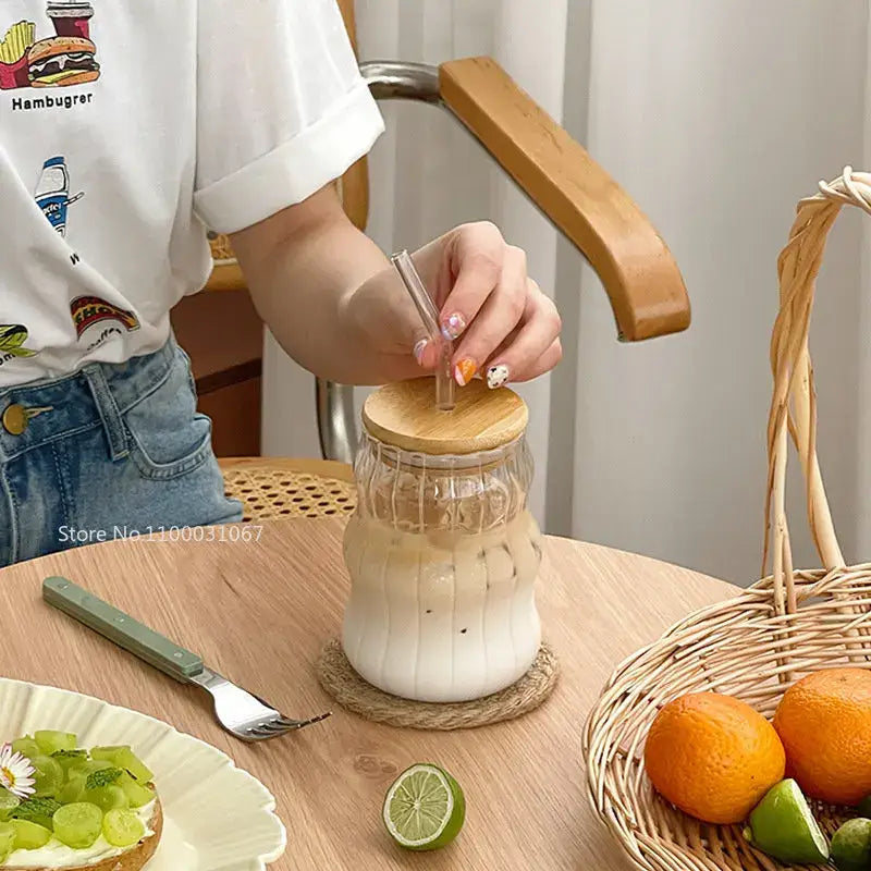 Ribbed glass cup with bamboo lid and straw kitchen tumbler