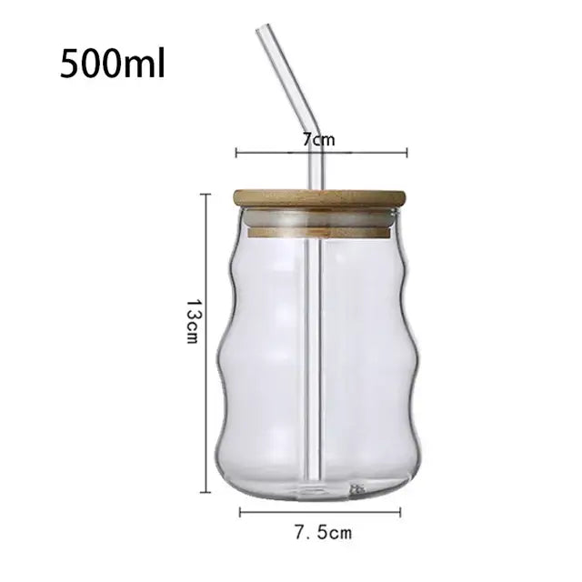Ribbed glass cup with bamboo lid and straw kitchen tumbler