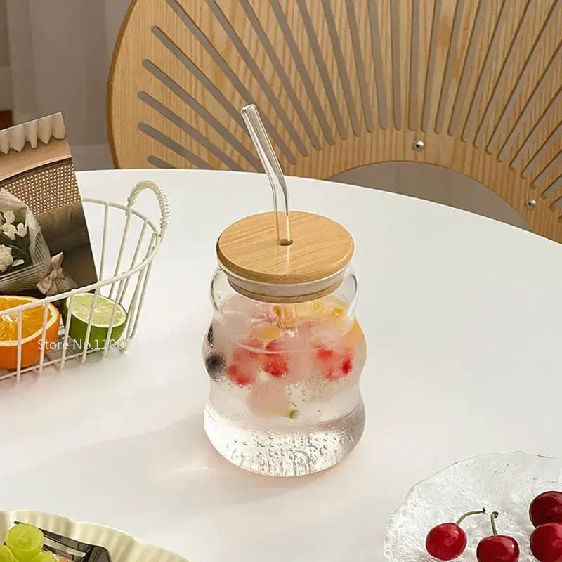 Ribbed glass cup with bamboo lid and straw kitchen tumbler