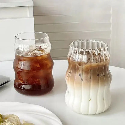 Ribbed glass cup with bamboo lid and straw kitchen tumbler