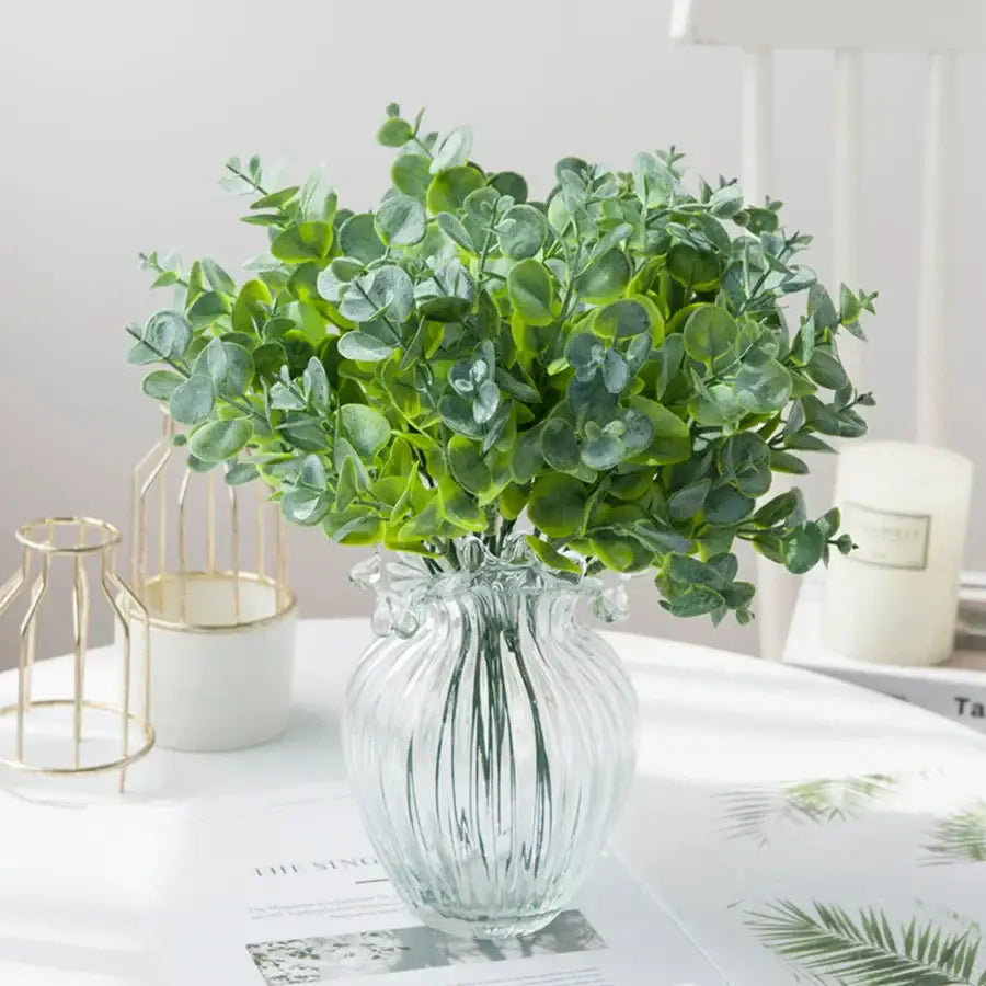 Ribbed glass eucalyptus leaves vase with lavender living room decor