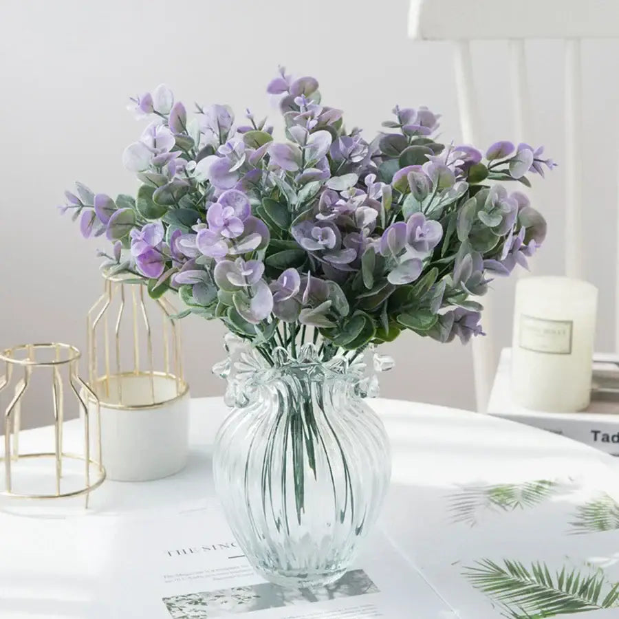 Ribbed glass eucalyptus leaves vase with lavender living room decor