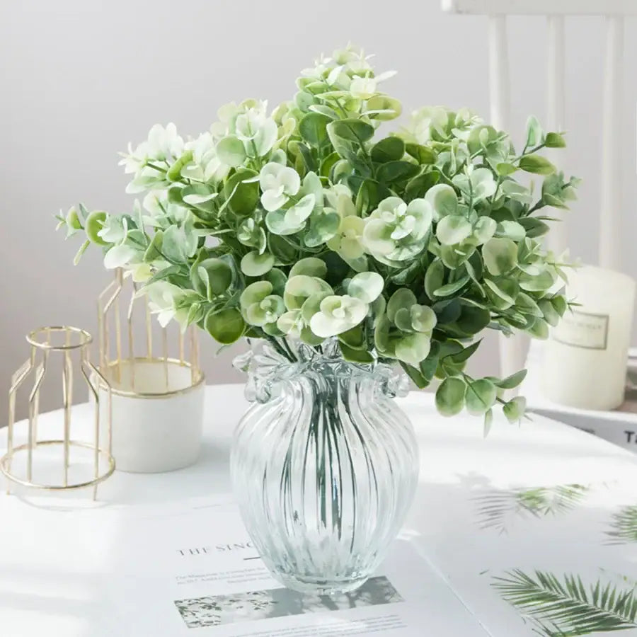 Ribbed glass eucalyptus leaves vase with lavender living room decor
