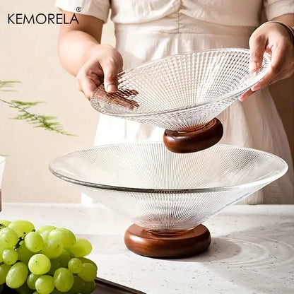 Ribbed glass fruit plate with wooden base for living room dining room