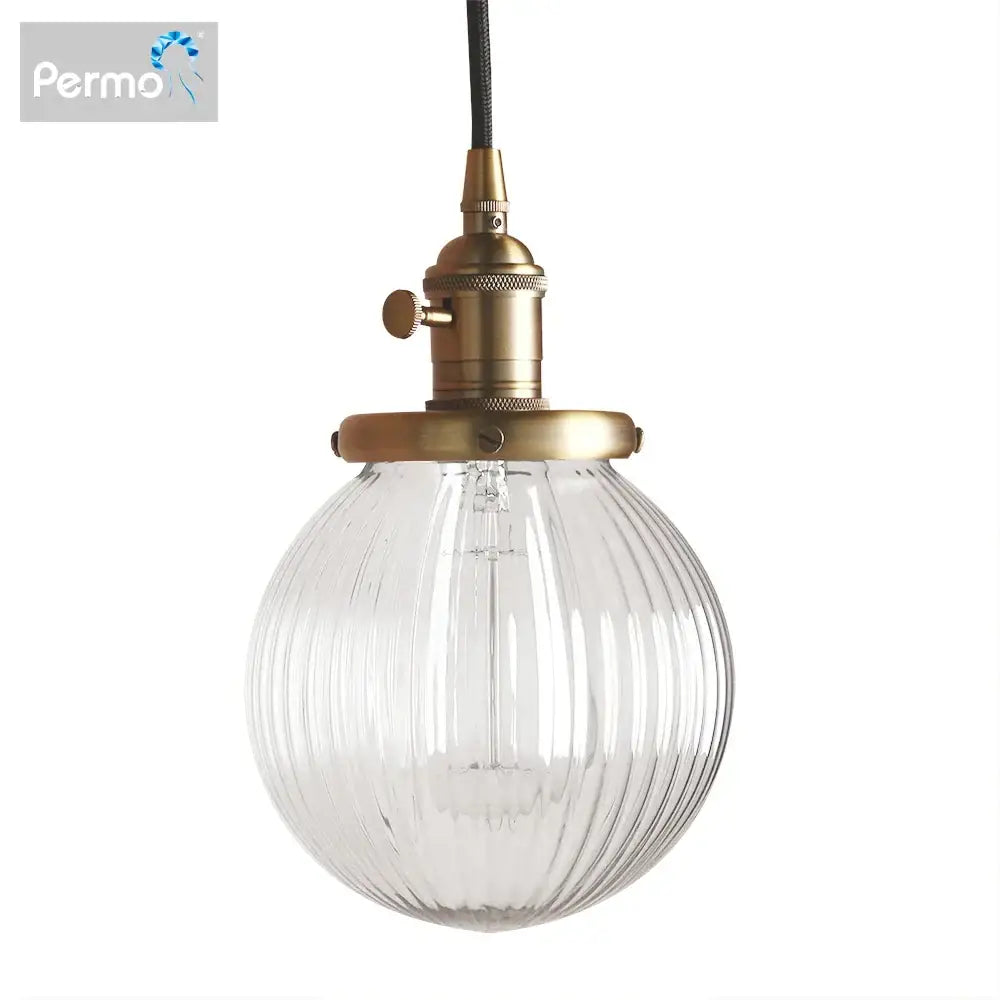 Ribbed glass globe pendant light with brass fixture for living room