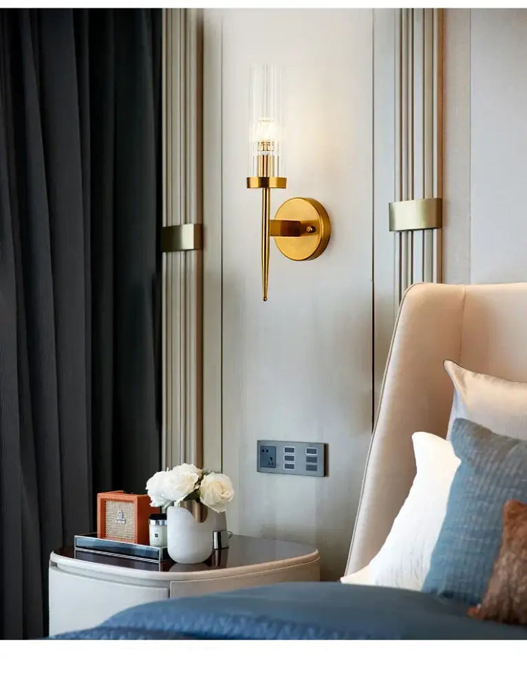 Ribbed glass gold led wall lights for bedroom