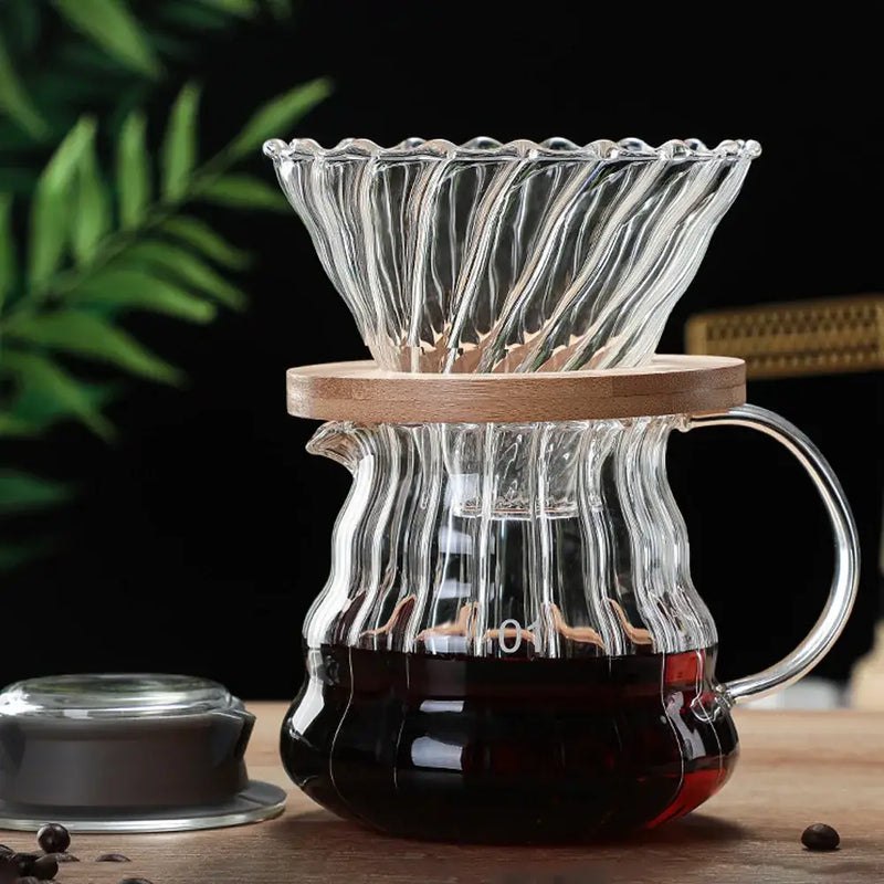Ribbed glass pour over coffee maker pot kitchen brewer with wood lid