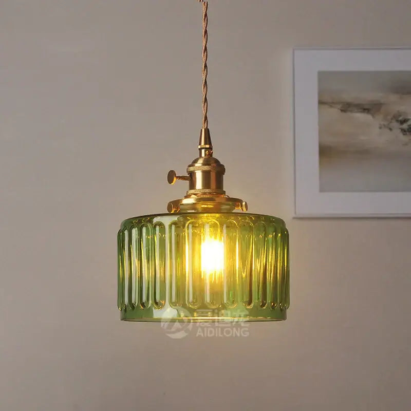 Ribbed green glass pendant light bedroom brass hardware