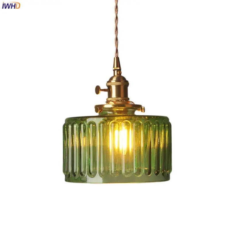 Ribbed green glass pendant light bedroom brass hardware
