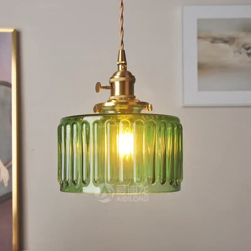 Ribbed green glass pendant light bedroom brass hardware