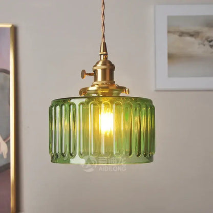 Ribbed green glass pendant light bedroom brass hardware