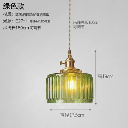 Ribbed green glass pendant light bedroom brass hardware