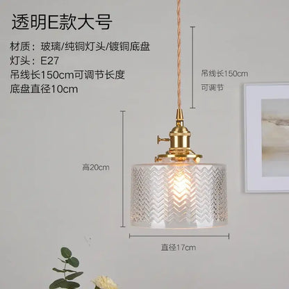 Ribbed green glass pendant light bedroom brass hardware