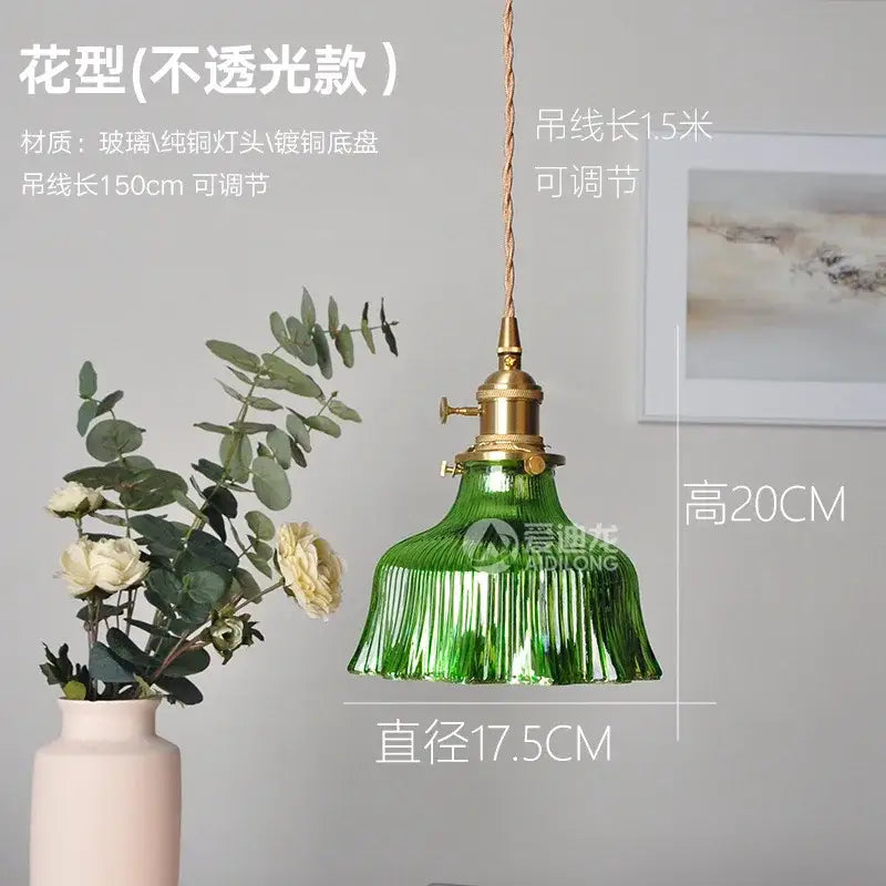 Ribbed green glass pendant light bedroom brass hardware