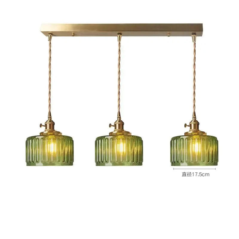 Ribbed green glass pendant light bedroom brass hardware