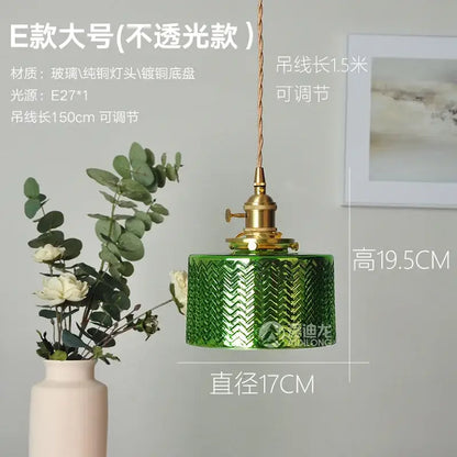 Ribbed green glass pendant light bedroom brass hardware