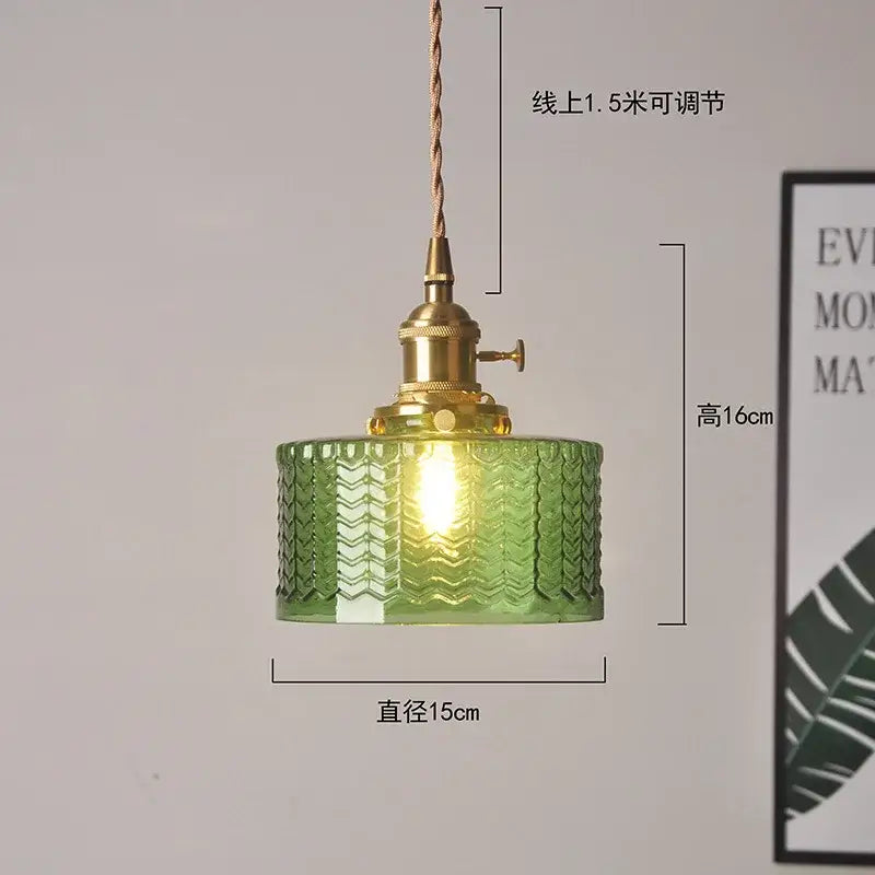 Ribbed green glass pendant light bedroom brass hardware