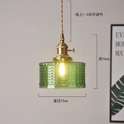 Ribbed green glass pendant light bedroom brass hardware